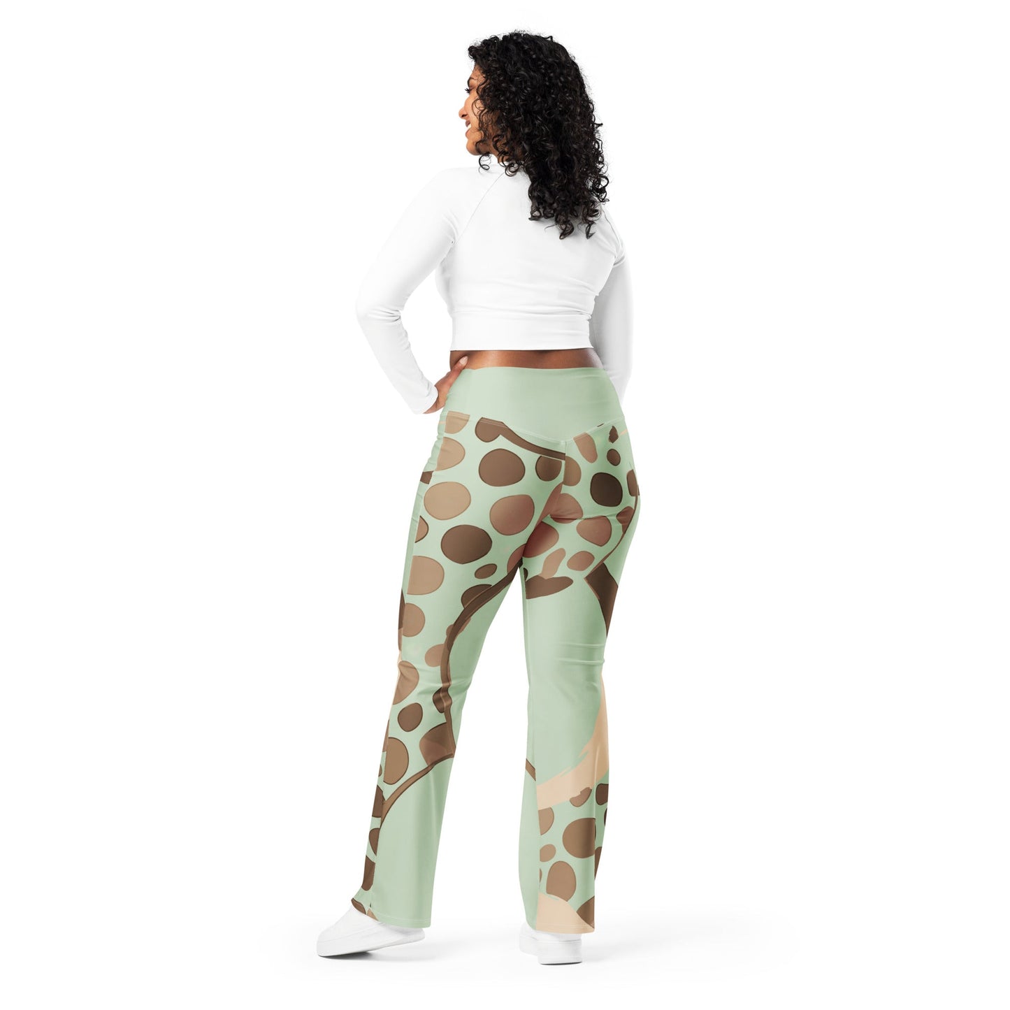 Womens Flare Leggings, Green Beige Spotted Print