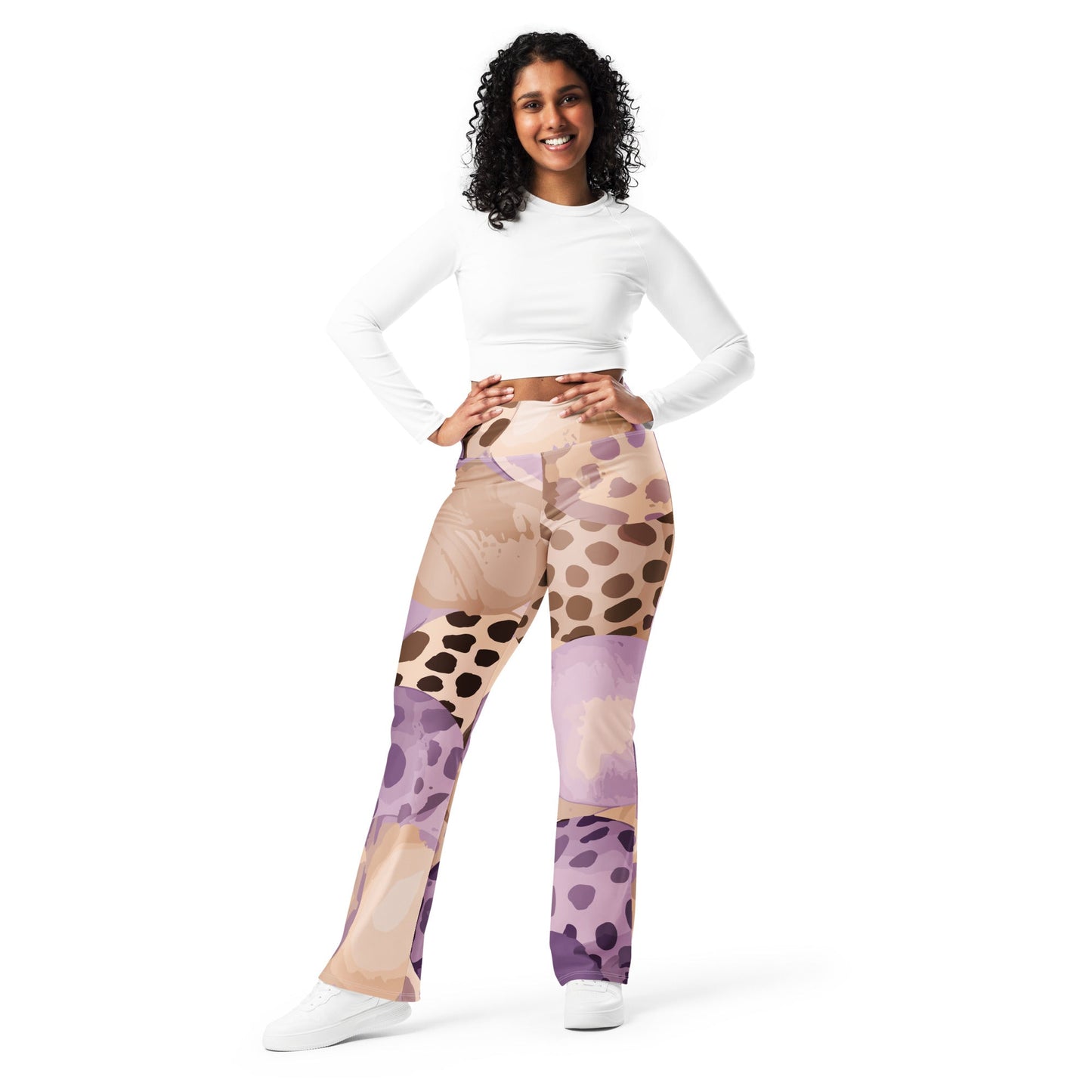 Womens Flare Leggings, Purple Lavender Spotted Print