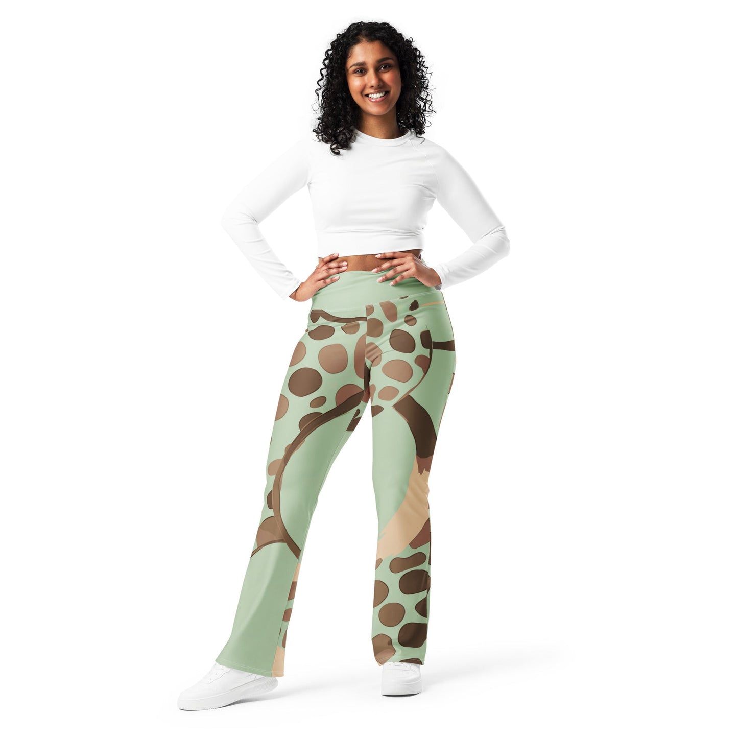 Womens Flare Leggings, Green Beige Spotted Print