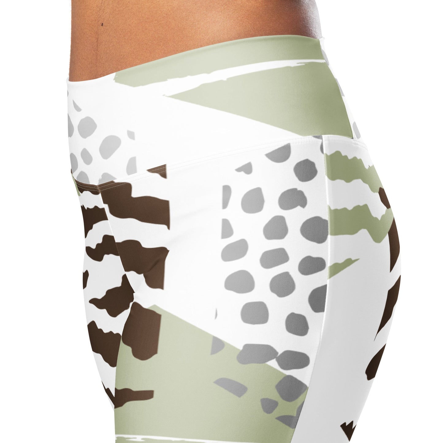 Womens Flare Leggings, Brown Green Grey Geometric Hexagon Print