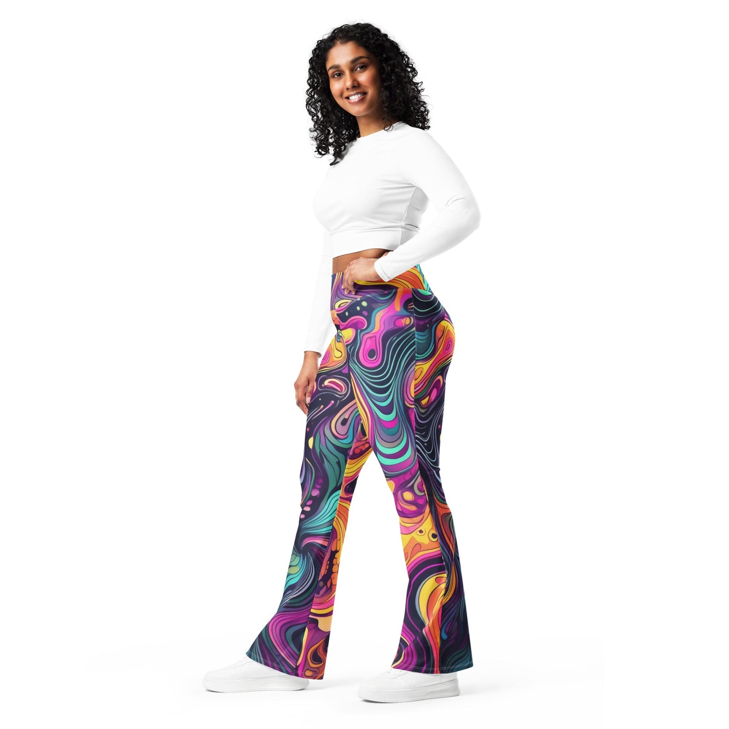 Womens Flare Leggings, Vibrant Psychedelic Kaleidoscope Boho Print 2