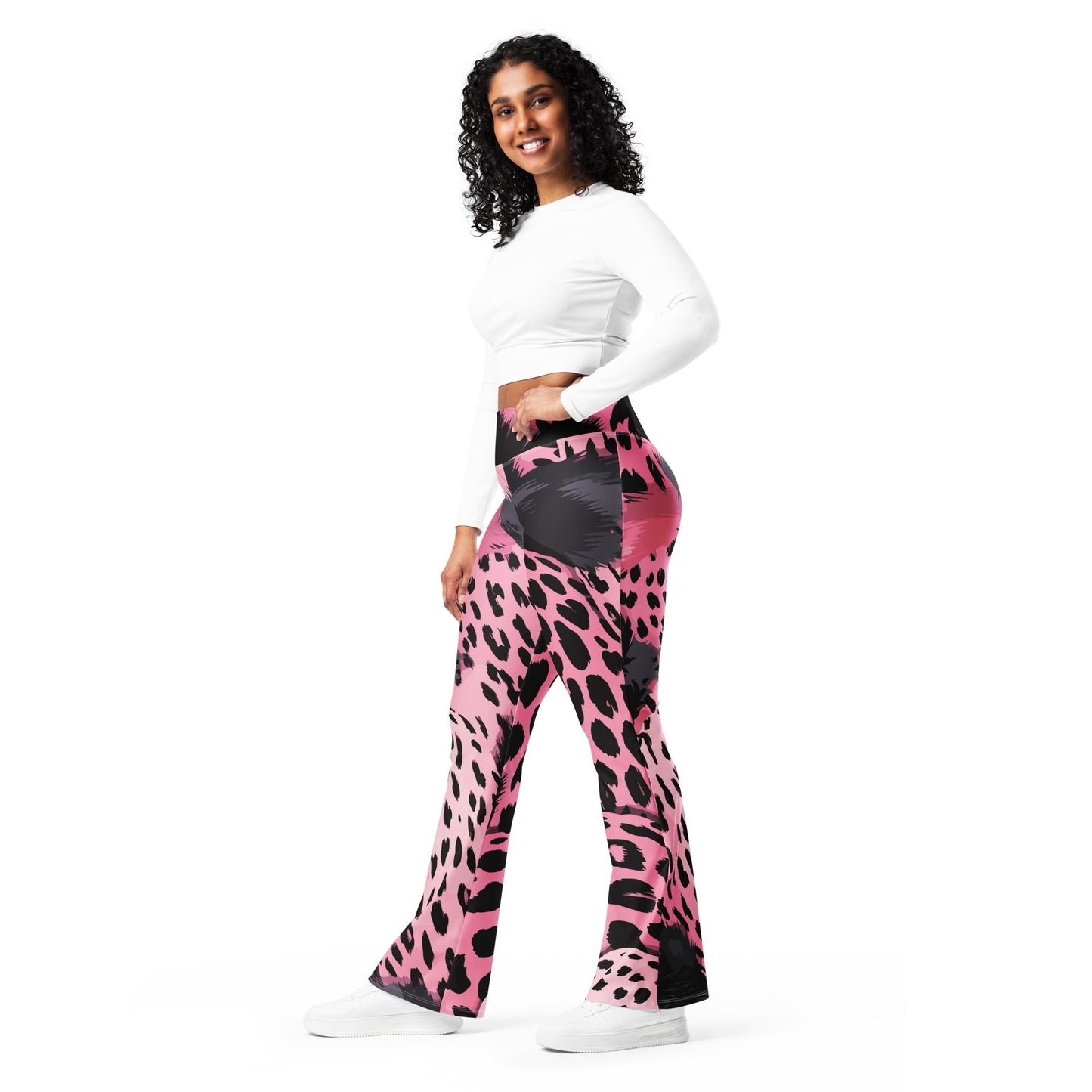 Womens Flare Leggings, Pink Black Spotted Print