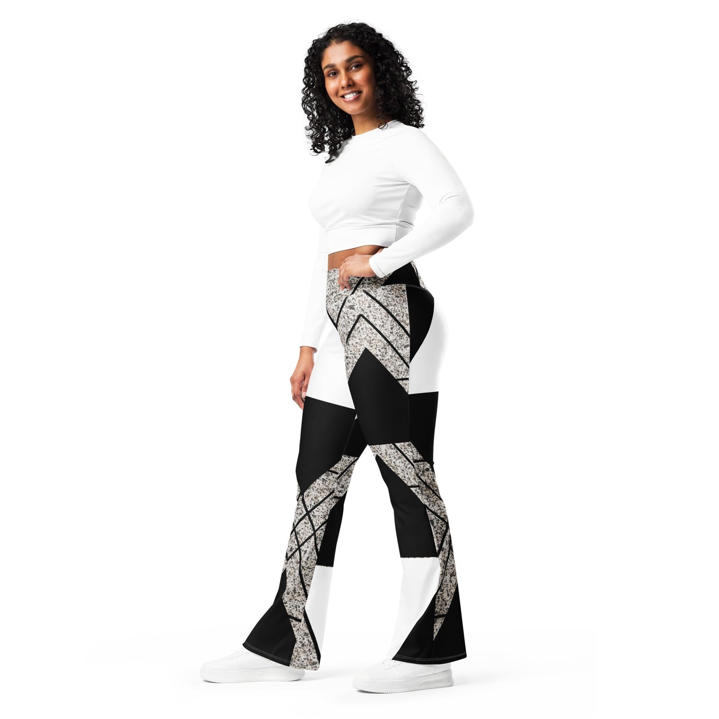 Womens Flare Leggings, Black and White Triangular Colorblock