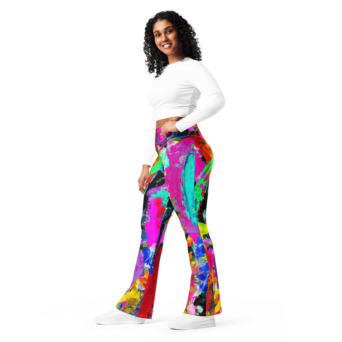 Womens Flare Leggings, Red Multicolor Abstract Print