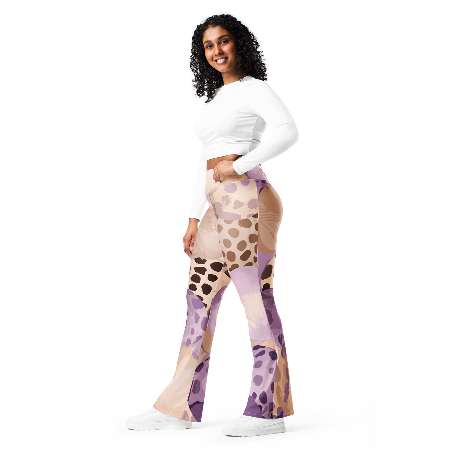 Womens Flare Leggings, Purple Lavender Spotted Print