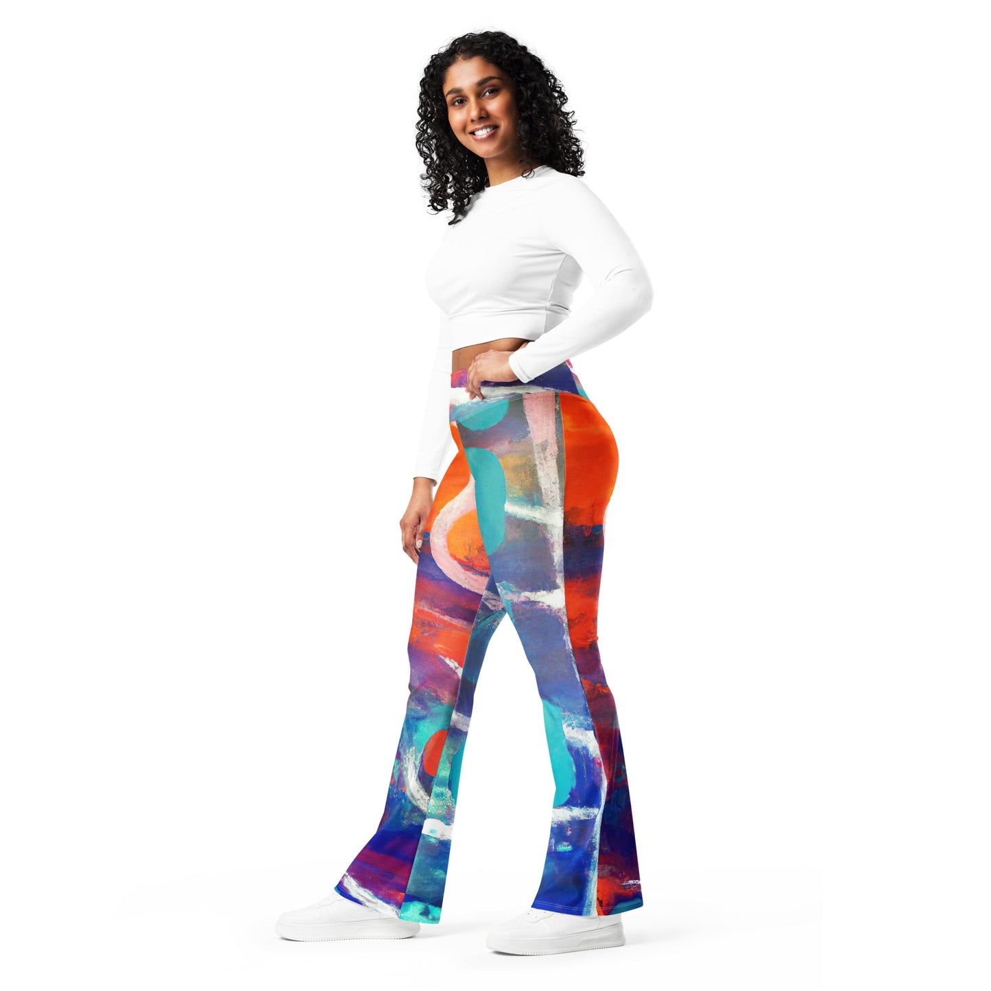 Womens Flare Leggings, Red Blue Multicolor Abstract Print