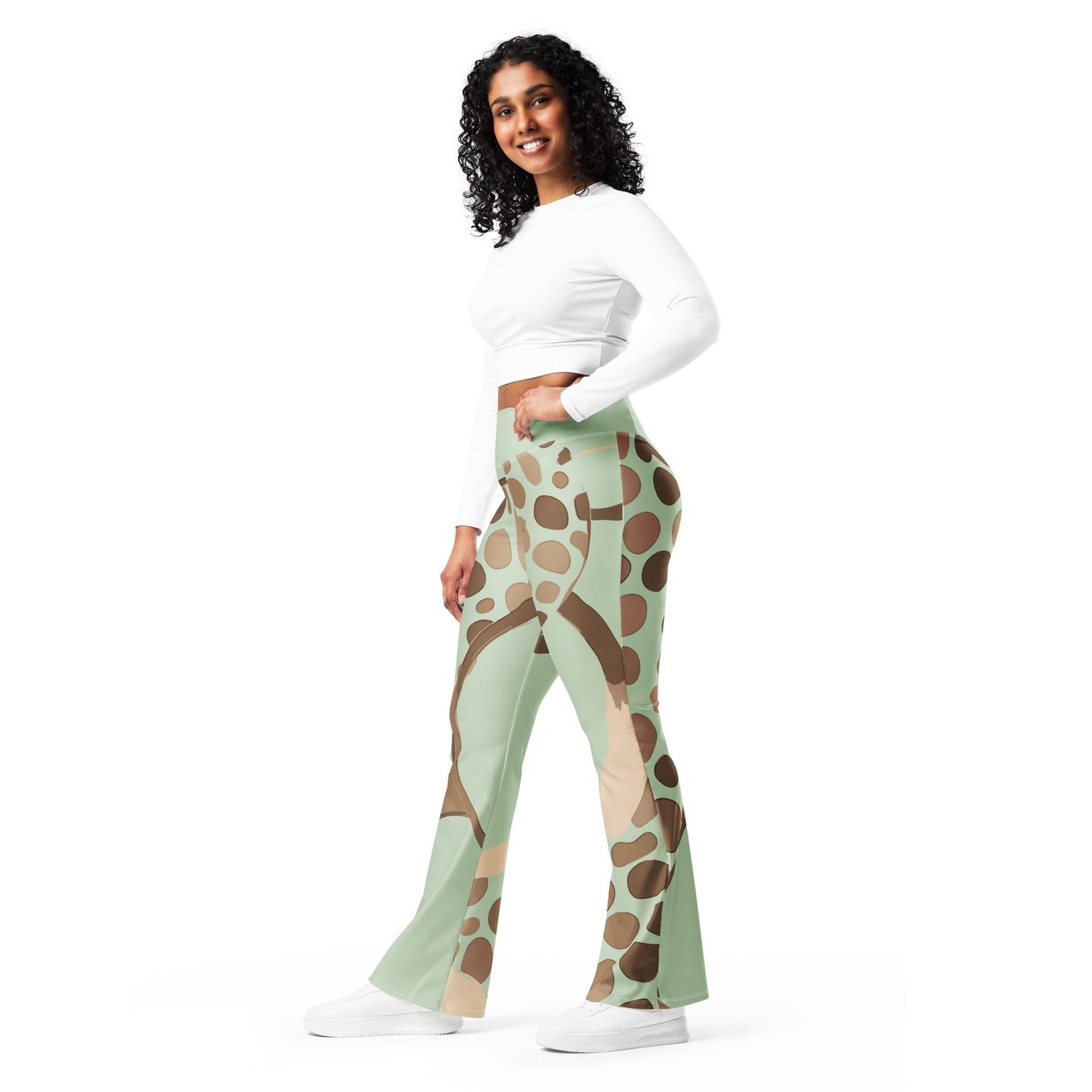 Womens Flare Leggings, Green Beige Spotted Print