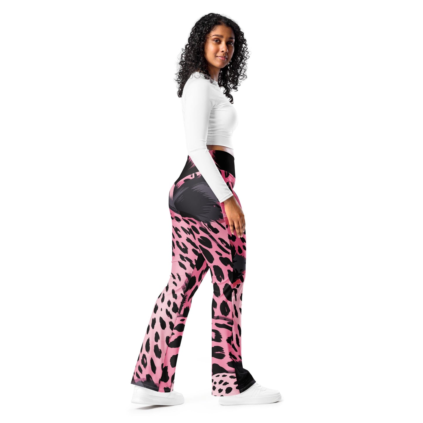 Womens Flare Leggings, Pink Black Spotted Print