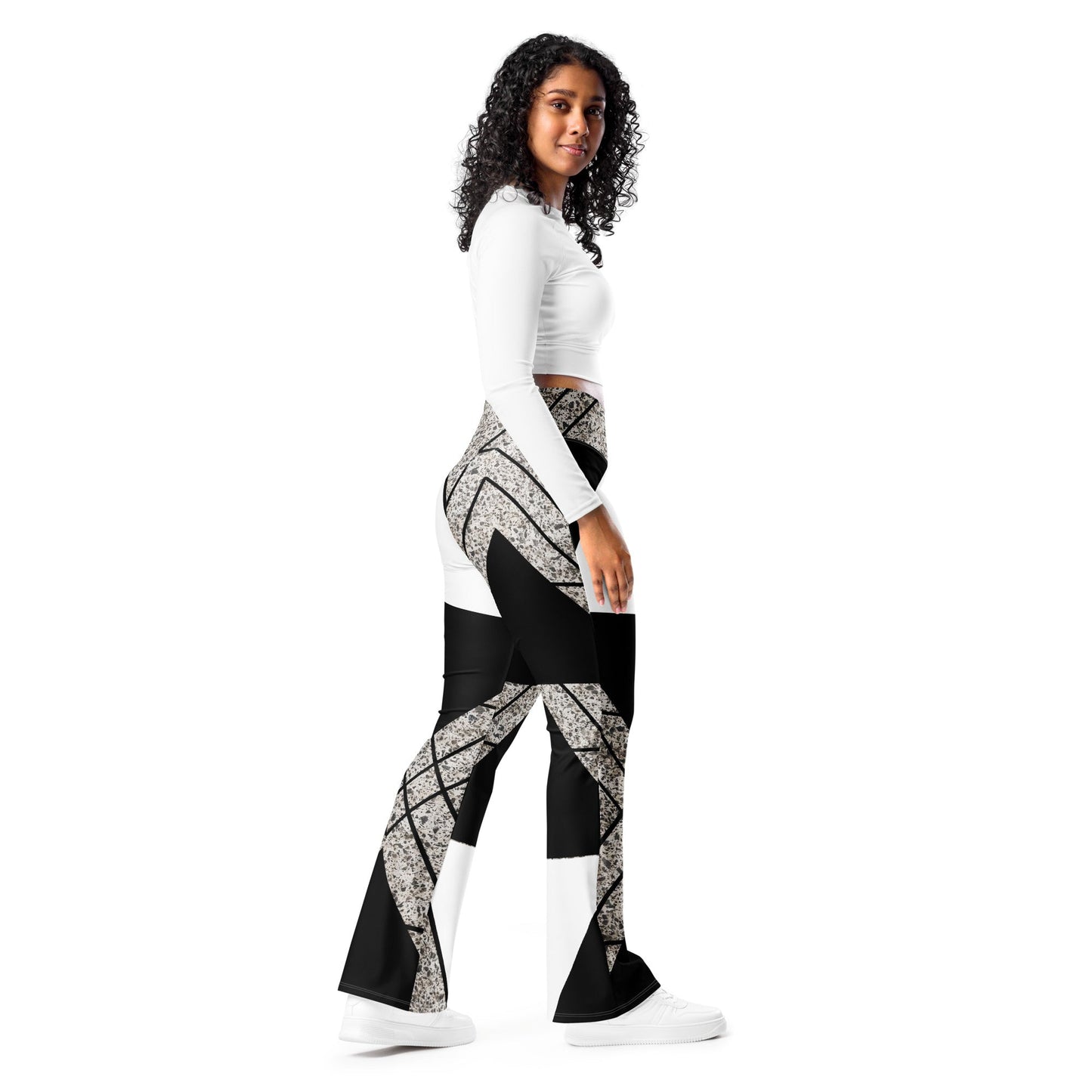 Womens Flare Leggings, Black and White Triangular Colorblock