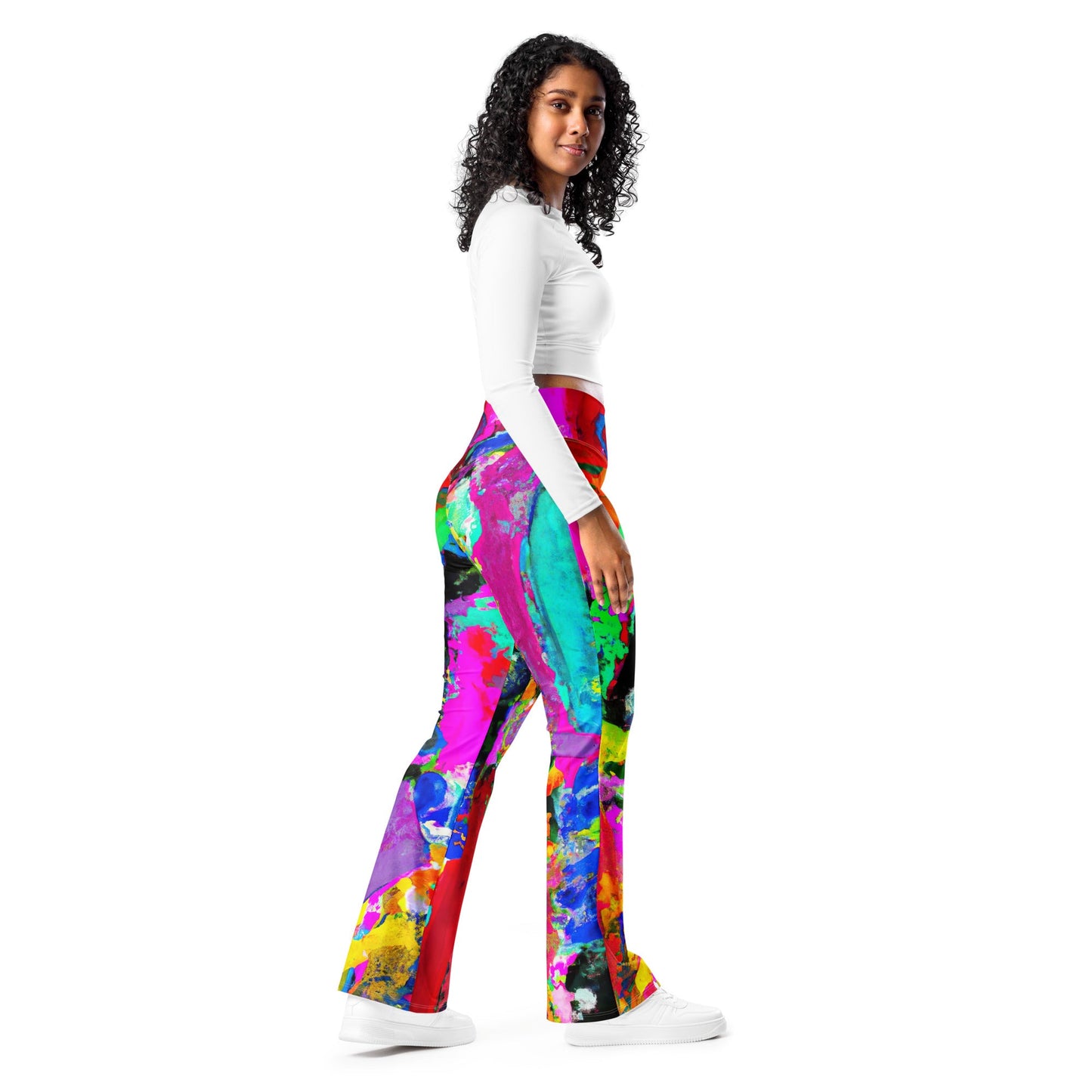 Womens Flare Leggings, Red Multicolor Abstract Print