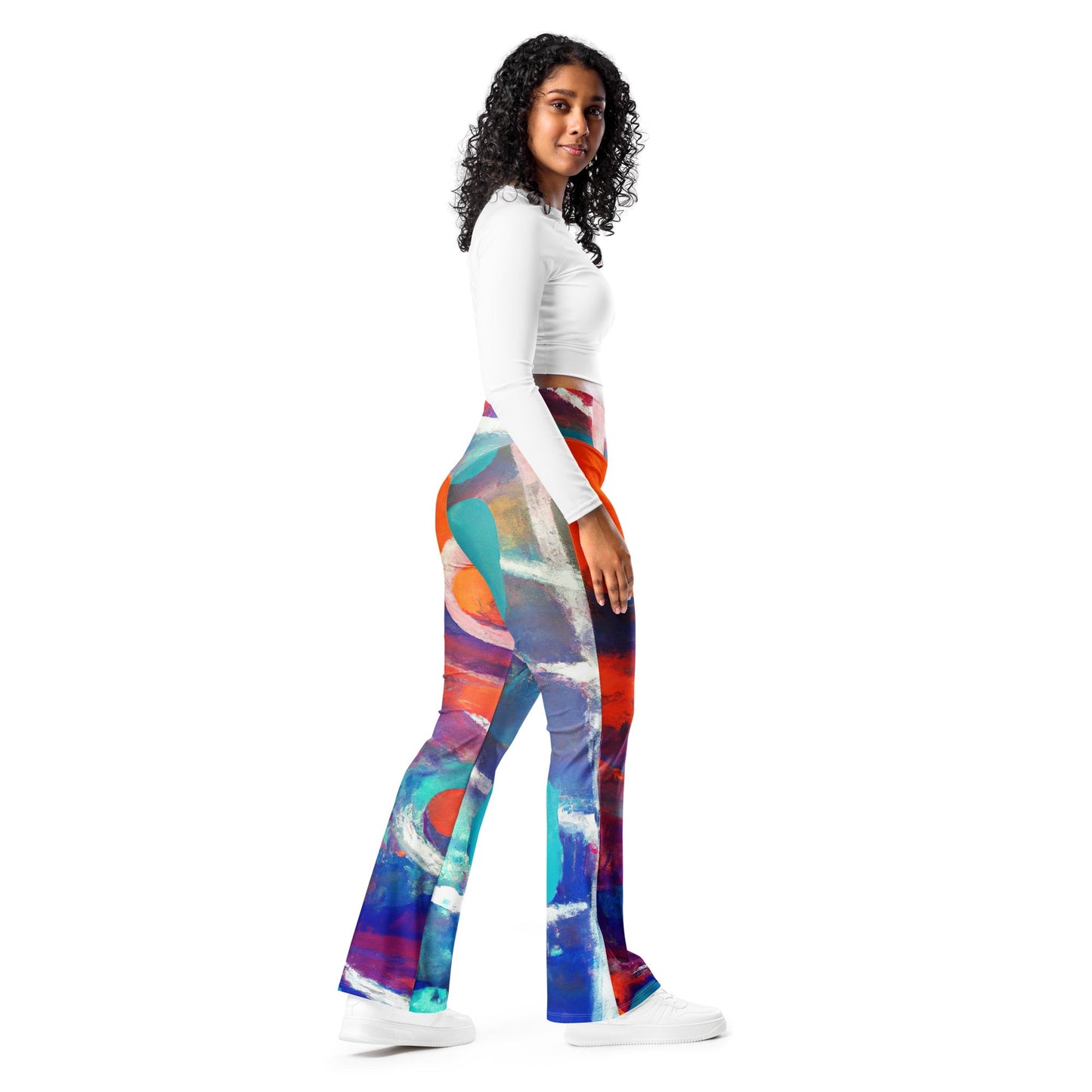 Womens Flare Leggings, Red Blue Multicolor Abstract Print