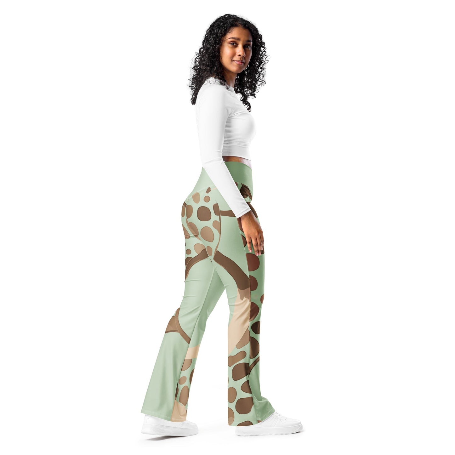 Womens Flare Leggings, Green Beige Spotted Print