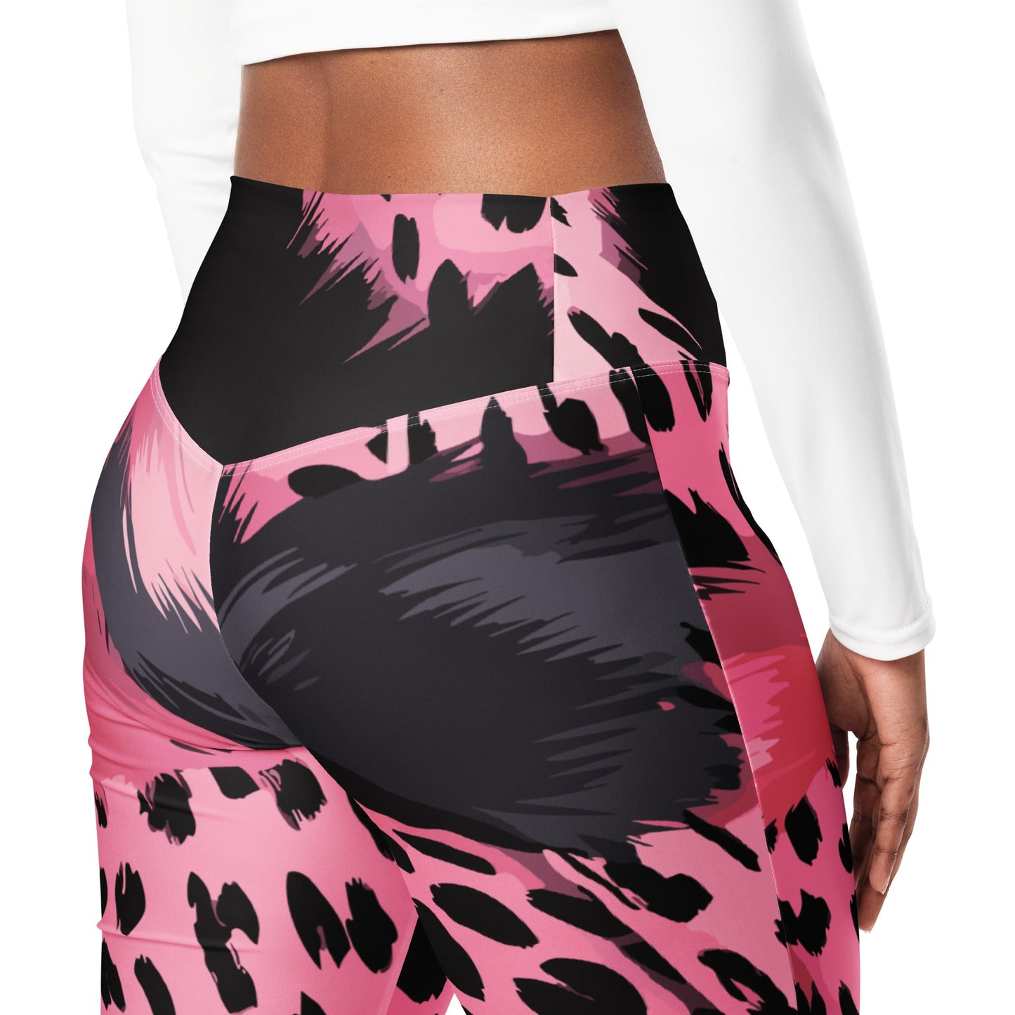 Womens Flare Leggings, Pink Black Spotted Print