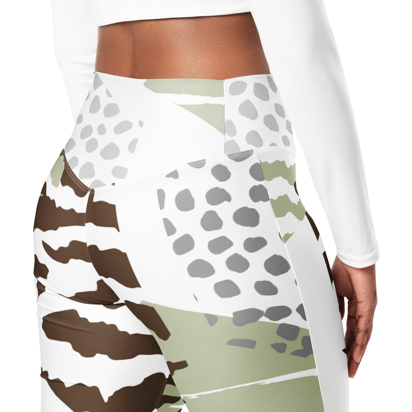 Womens Flare Leggings, Brown Green Grey Geometric Hexagon Print