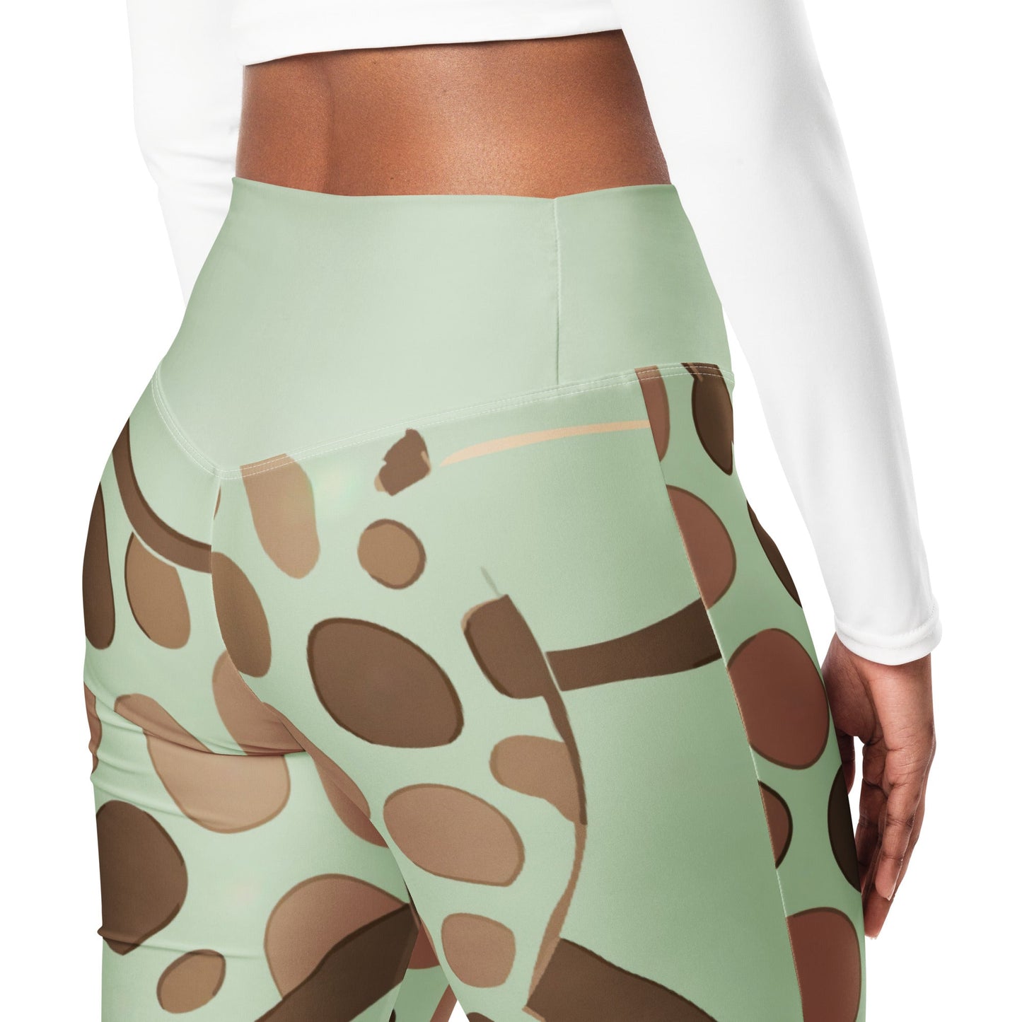 Womens Flare Leggings, Green Beige Spotted Print