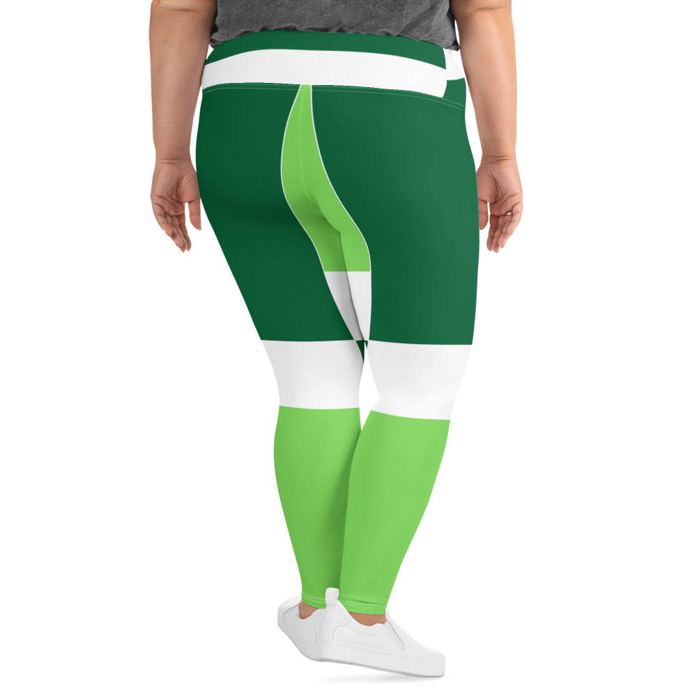 Womens Plus Size Fitness Leggings, Green White Colorblock Grid Lines