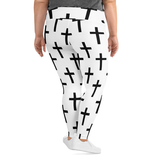 Womens Plus Size Fitness Leggings, White Black Cross Print