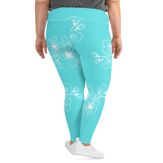 Womens Plus Size Fitness Leggings, Floral Cyan Blue 7022523