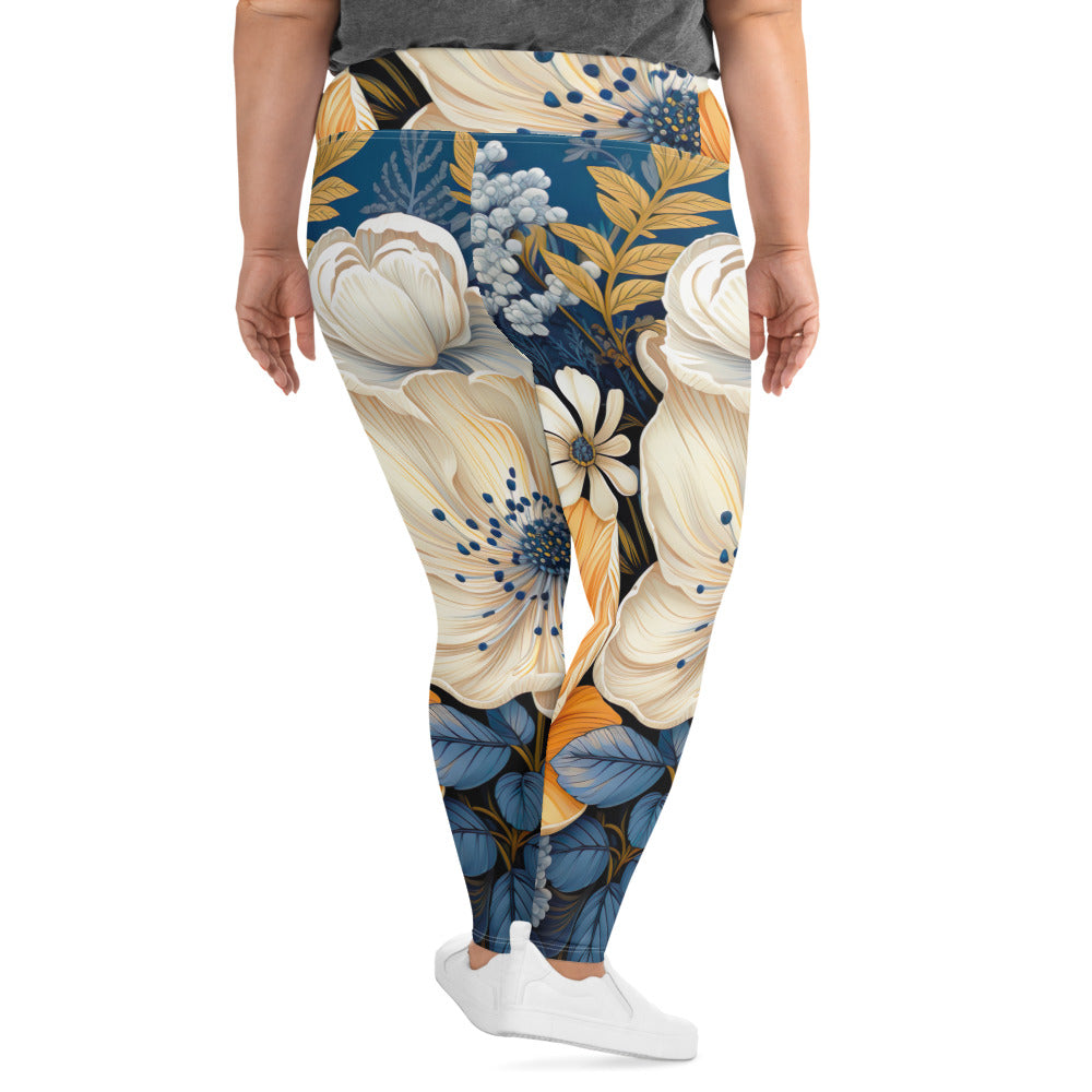 Womens Plus Size Fitness Leggings, Floral Blue Print