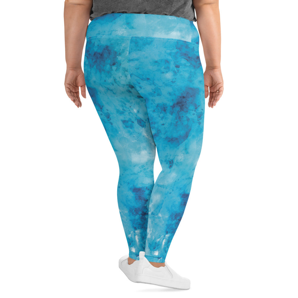 Womens Plus Size Fitness Leggings, Blue Marble Print