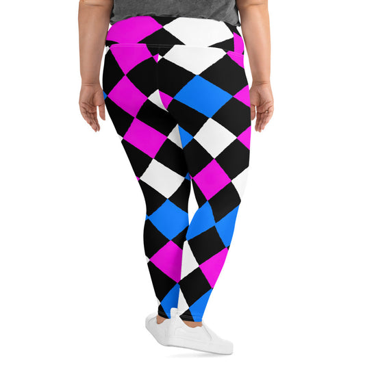 Womens Plus Size Fitness Leggings, Pink Blue Checkered Pattern