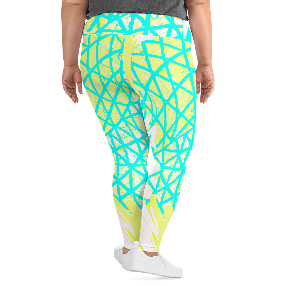 Womens Plus Size Fitness Leggings, Cyan Blue Lime Green and White