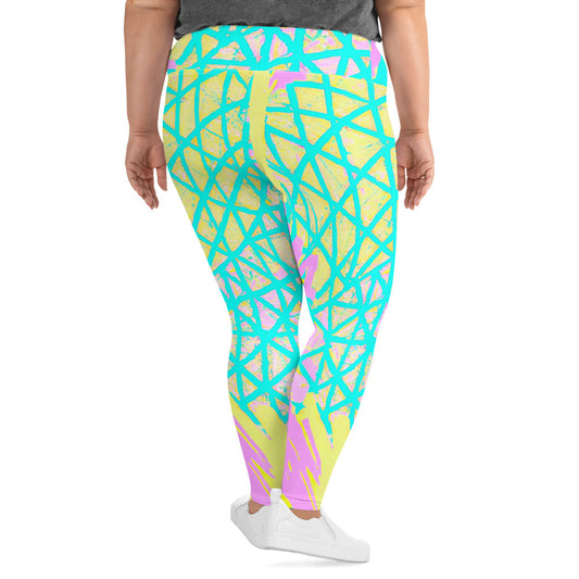 Womens Plus Size Fitness Leggings, Cyan Blue Lime Green and Pink