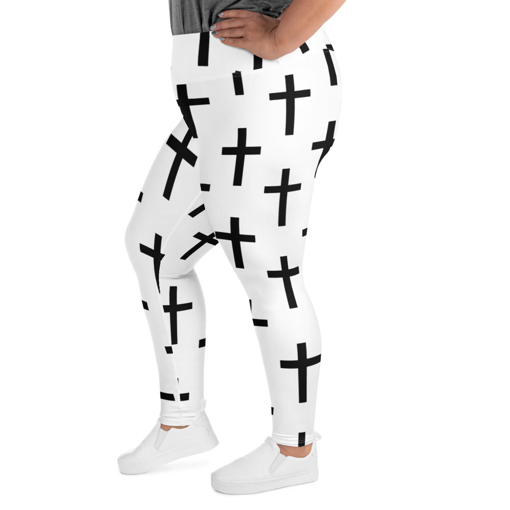 Womens Plus Size Fitness Leggings, White Black Cross Print