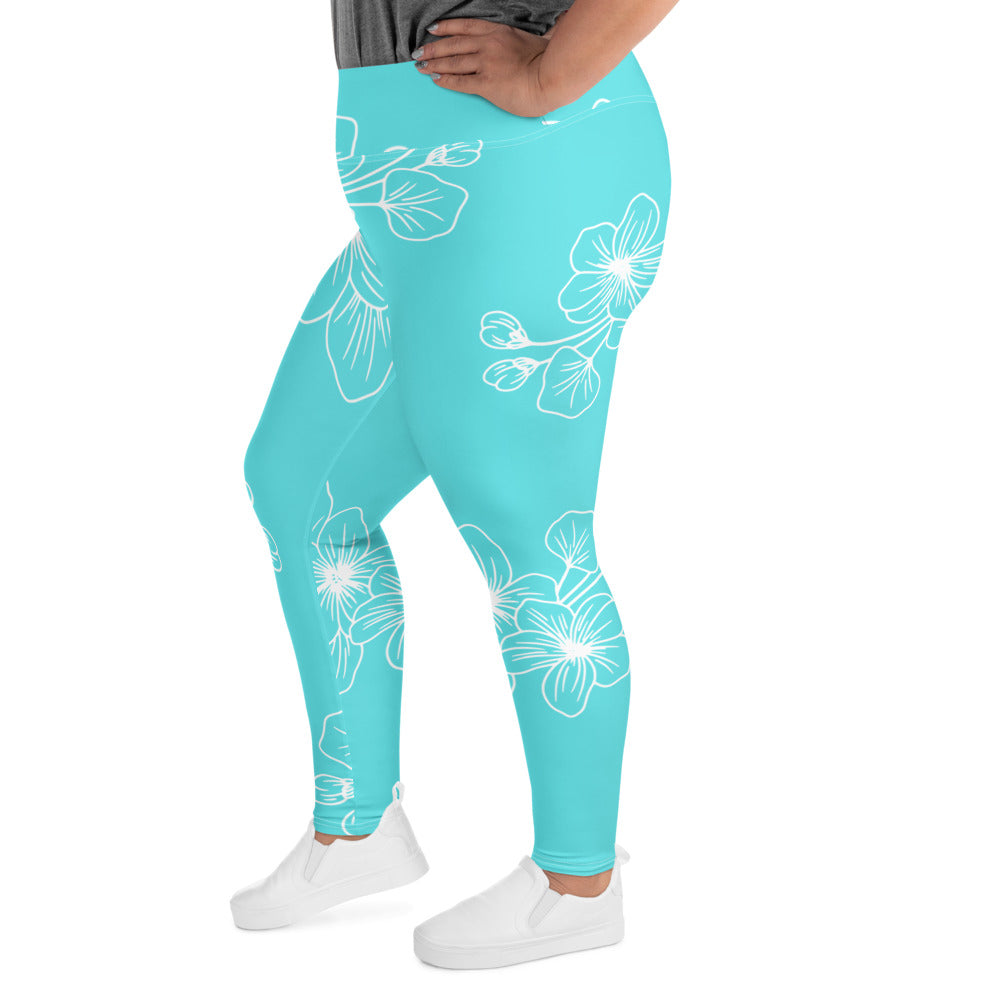 Womens Plus Size Fitness Leggings, Floral Cyan Blue 7022523