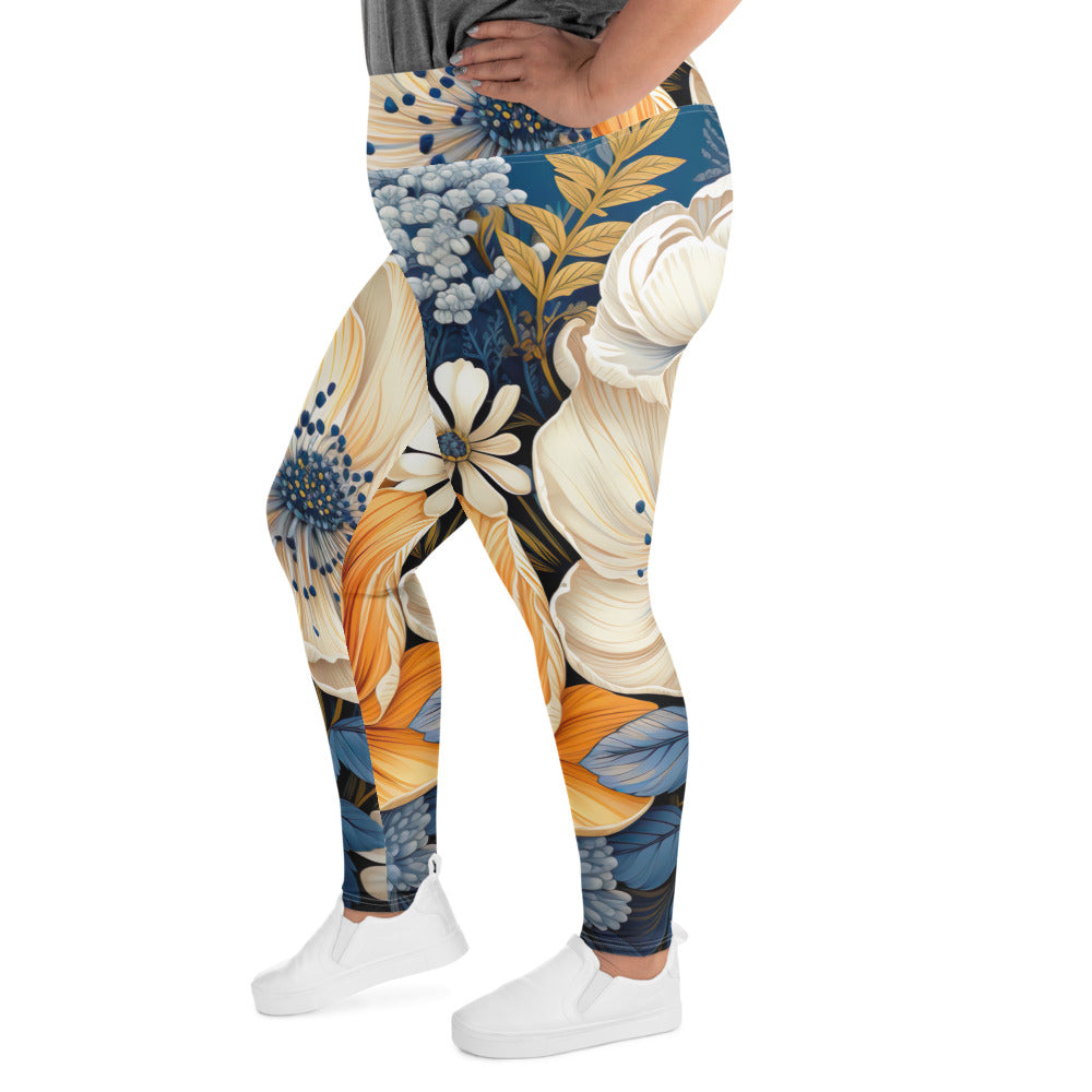 Womens Plus Size Fitness Leggings, Floral Blue Print