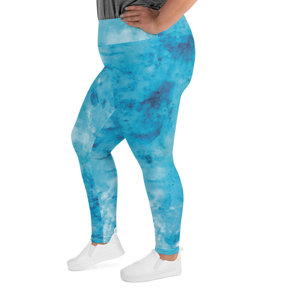 Womens Plus Size Fitness Leggings, Blue Marble Print