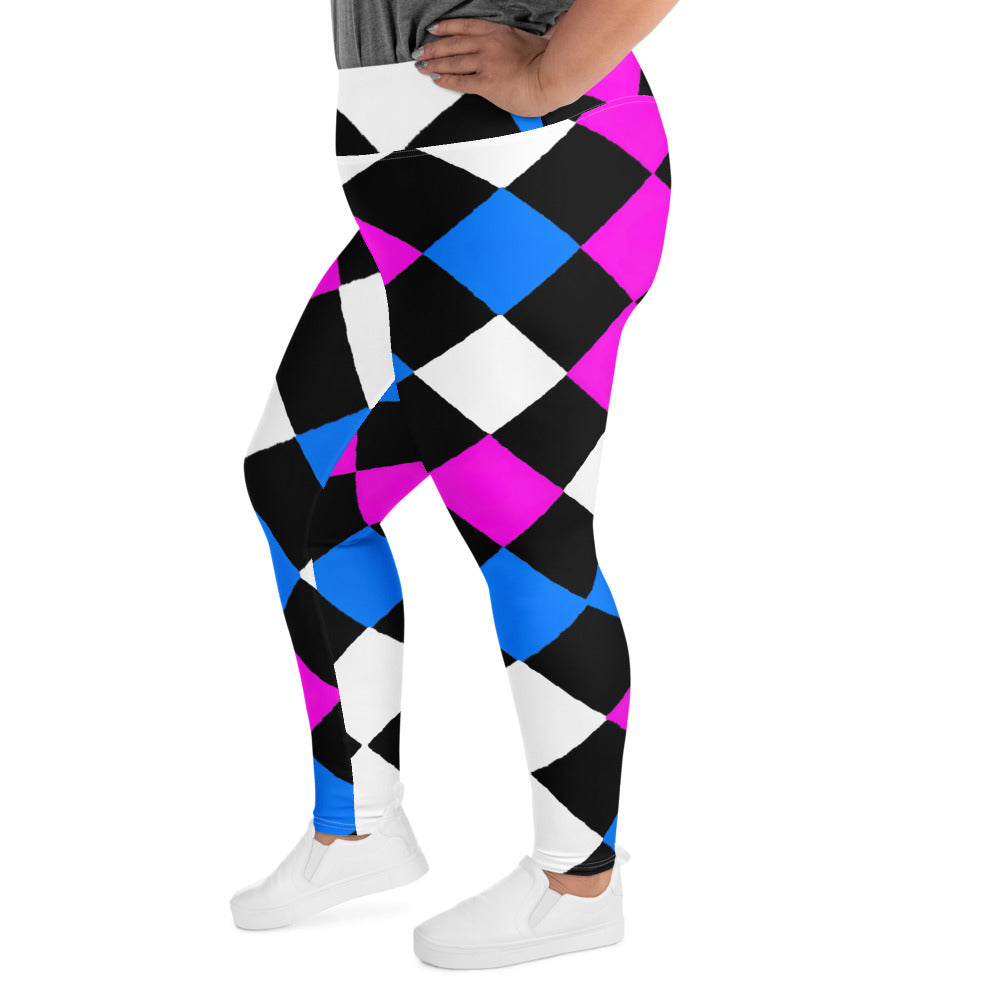 Womens Plus Size Fitness Leggings, Pink Blue Checkered Pattern