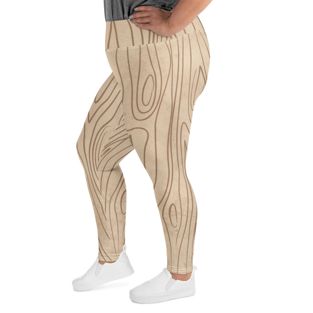 Womens Plus Size Fitness Leggings, Beige Brown Tree Sketch Lines