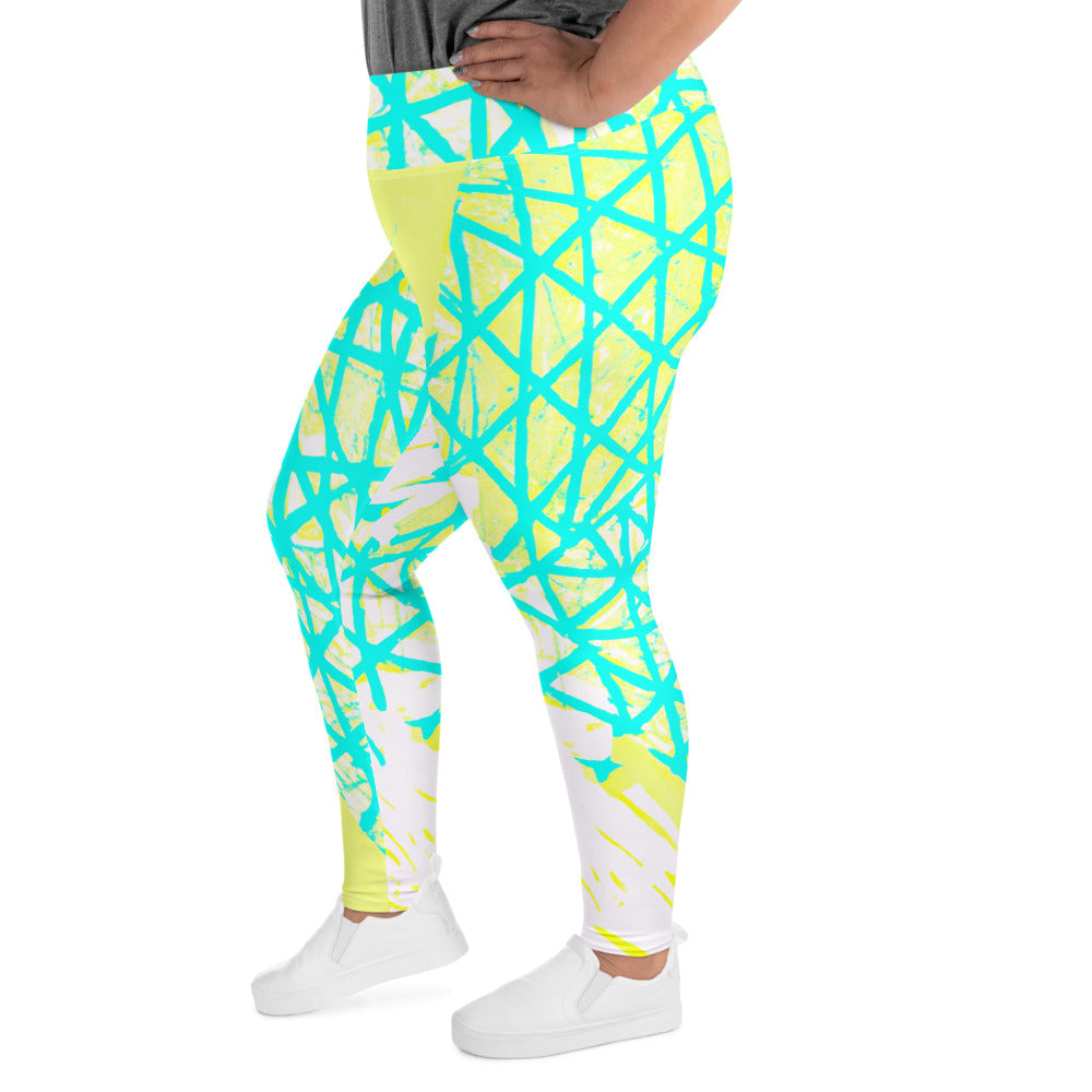 Womens Plus Size Fitness Leggings, Cyan Blue Lime Green and White