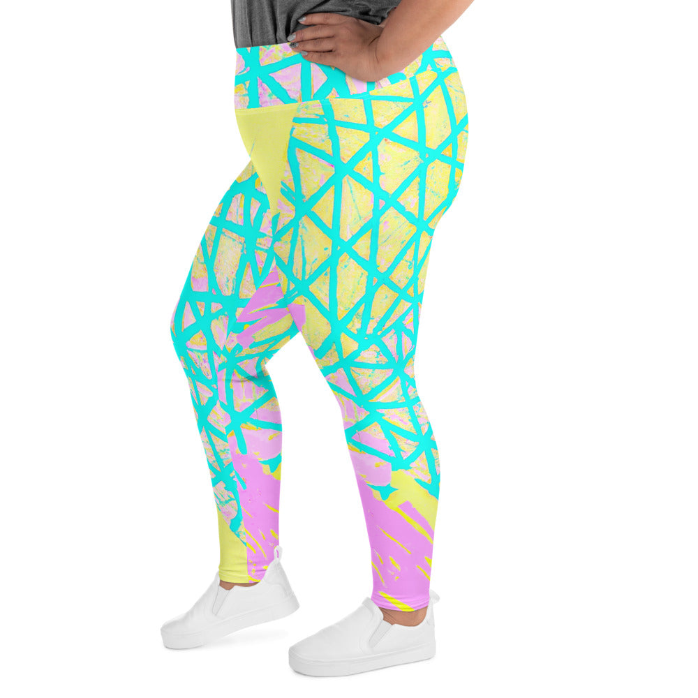 Womens Plus Size Fitness Leggings, Cyan Blue Lime Green and Pink