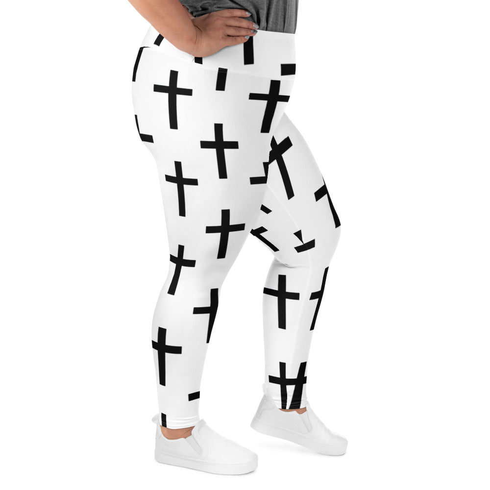 Womens Plus Size Fitness Leggings, White Black Cross Print