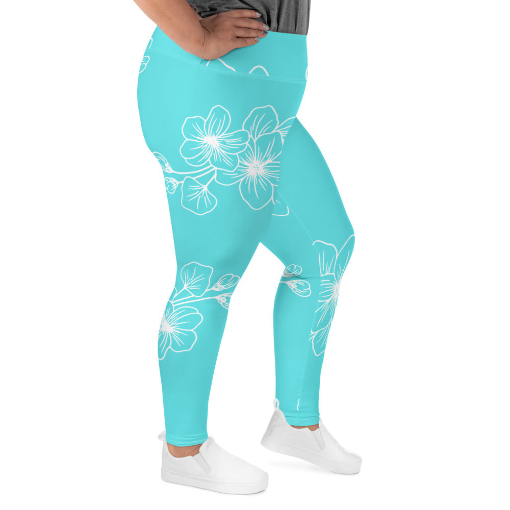 Womens Plus Size Fitness Leggings, Floral Cyan Blue 7022523