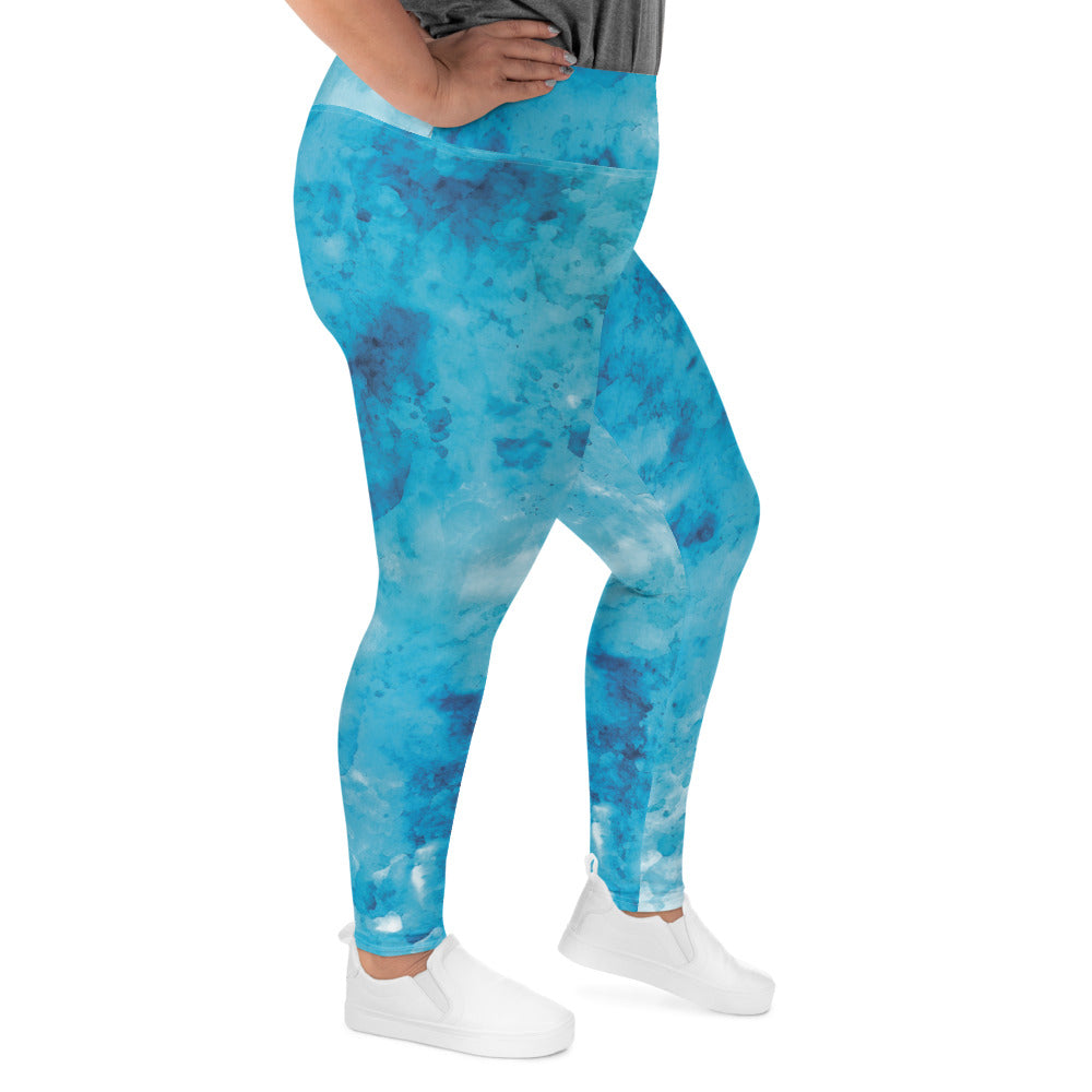 Womens Plus Size Fitness Leggings, Blue Marble Print