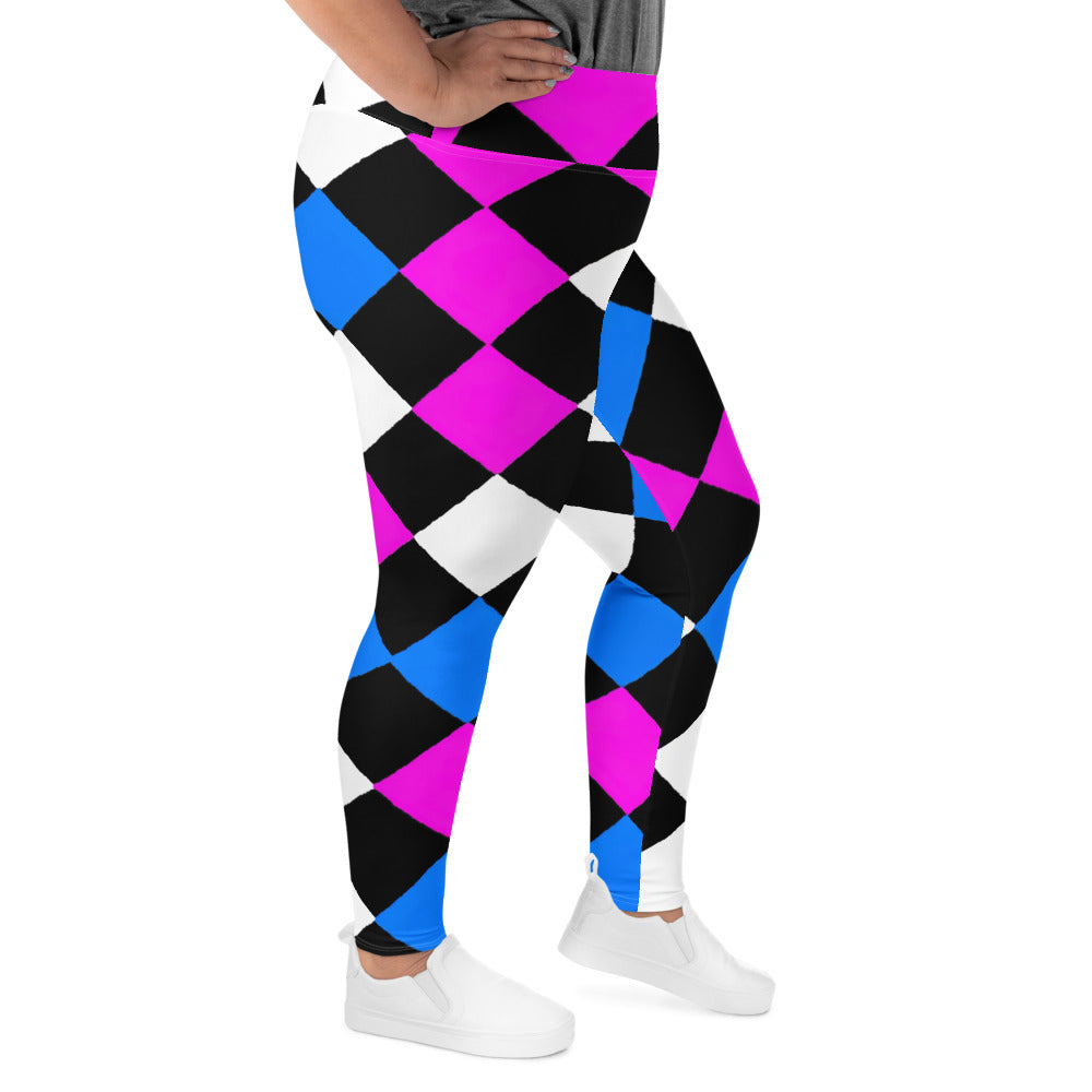 Womens Plus Size Fitness Leggings, Pink Blue Checkered Pattern