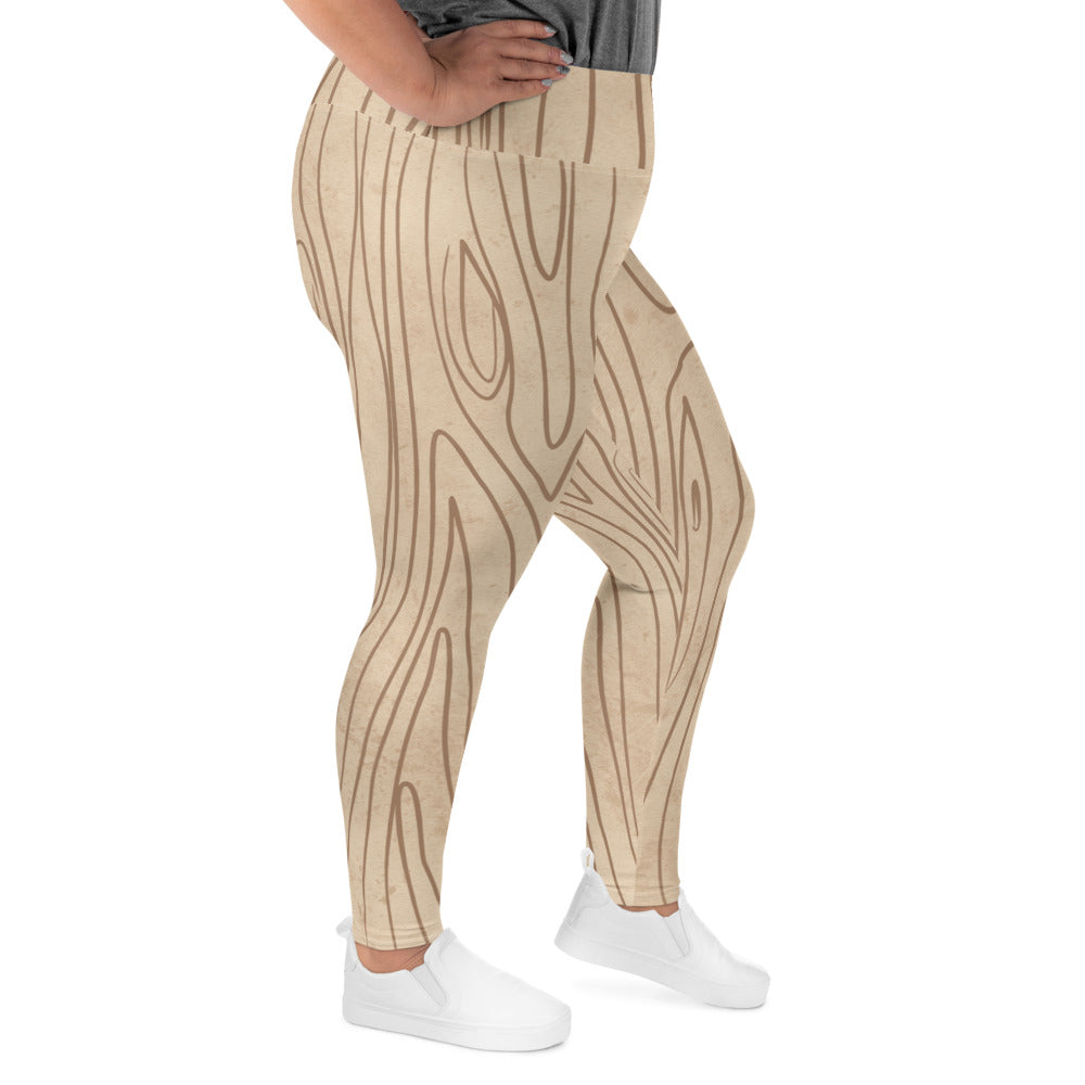 Womens Plus Size Fitness Leggings, Beige Brown Tree Sketch Lines