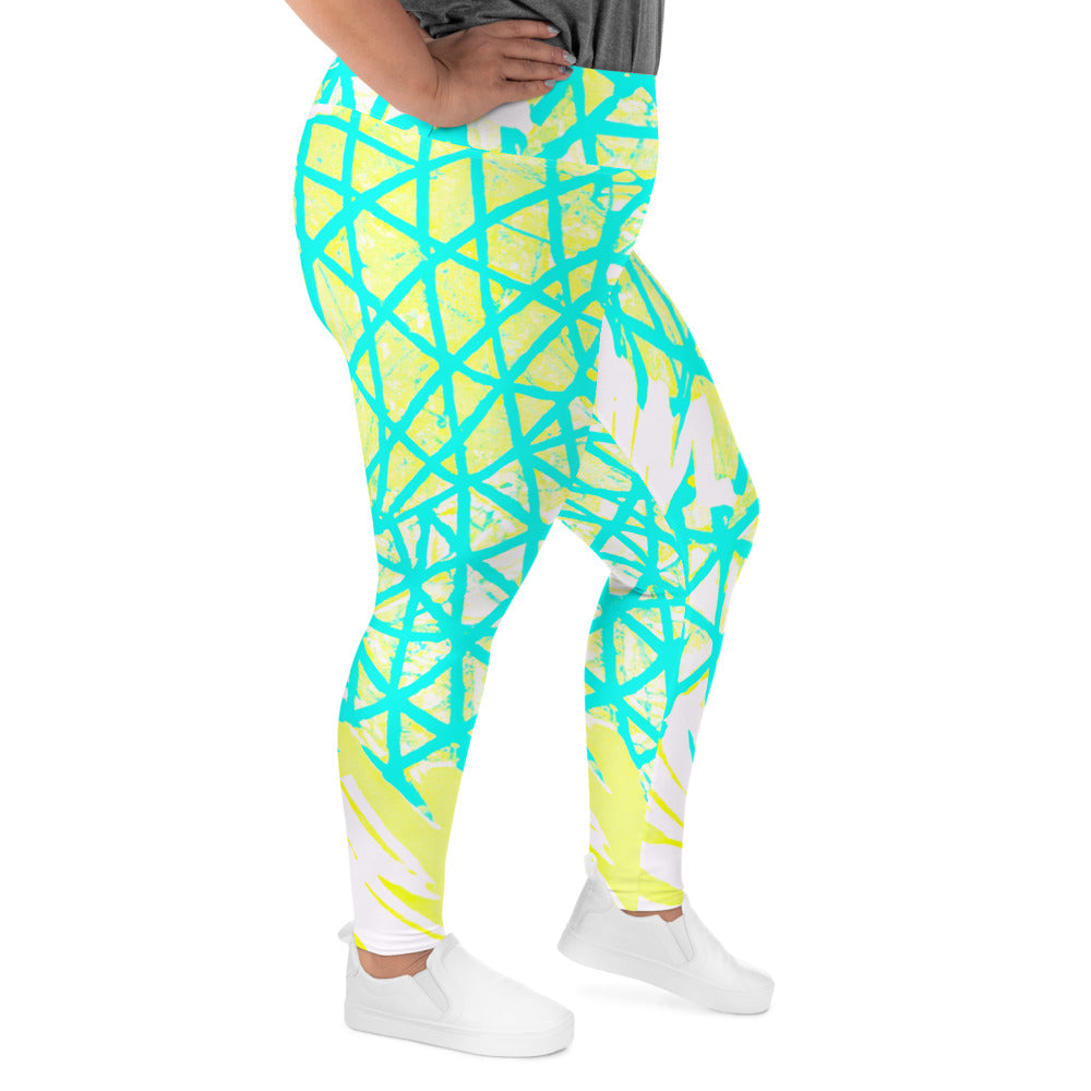 Womens Plus Size Fitness Leggings, Cyan Blue Lime Green and White