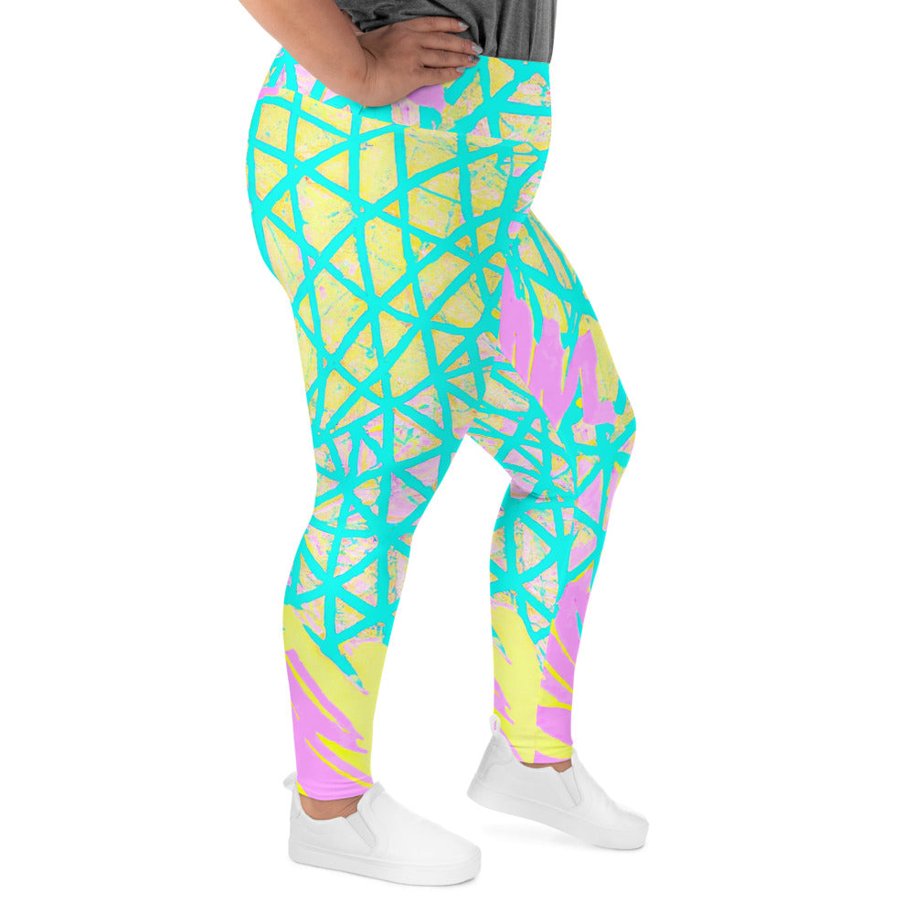 Womens Plus Size Fitness Leggings, Cyan Blue Lime Green and Pink