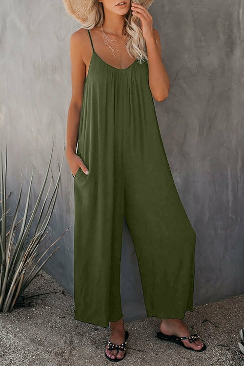 Spaghetti Straps Wide Leg Pocketed Jumpsuits