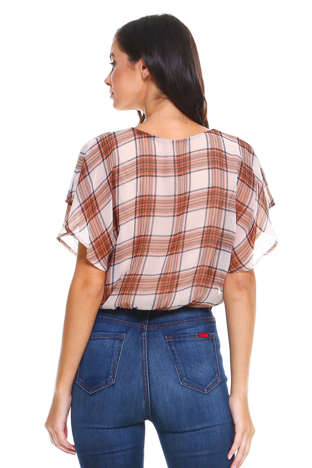 Plaid V-Neck Tie-Front Blouse with Flutter Sleeves