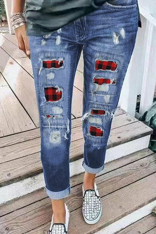 Fashion Blue Ripped Plaid Straight Legs Boyfriend Jeans