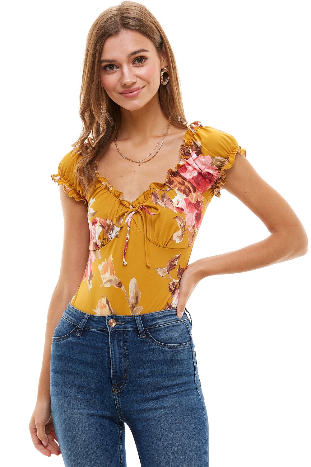 Floral Printed Peasant Style Bodysuit