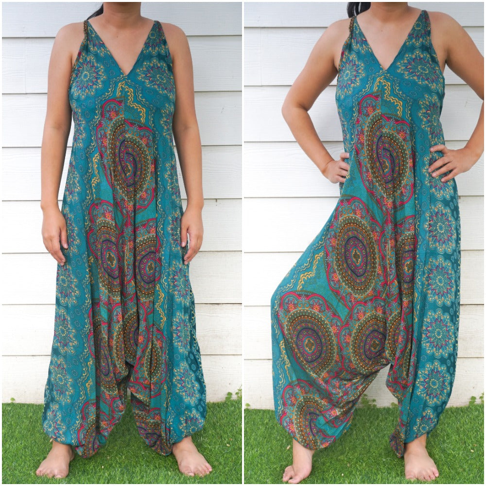 Teal Mandala Hippie Jumpsuits, Boho Rompers, Festival Clothing