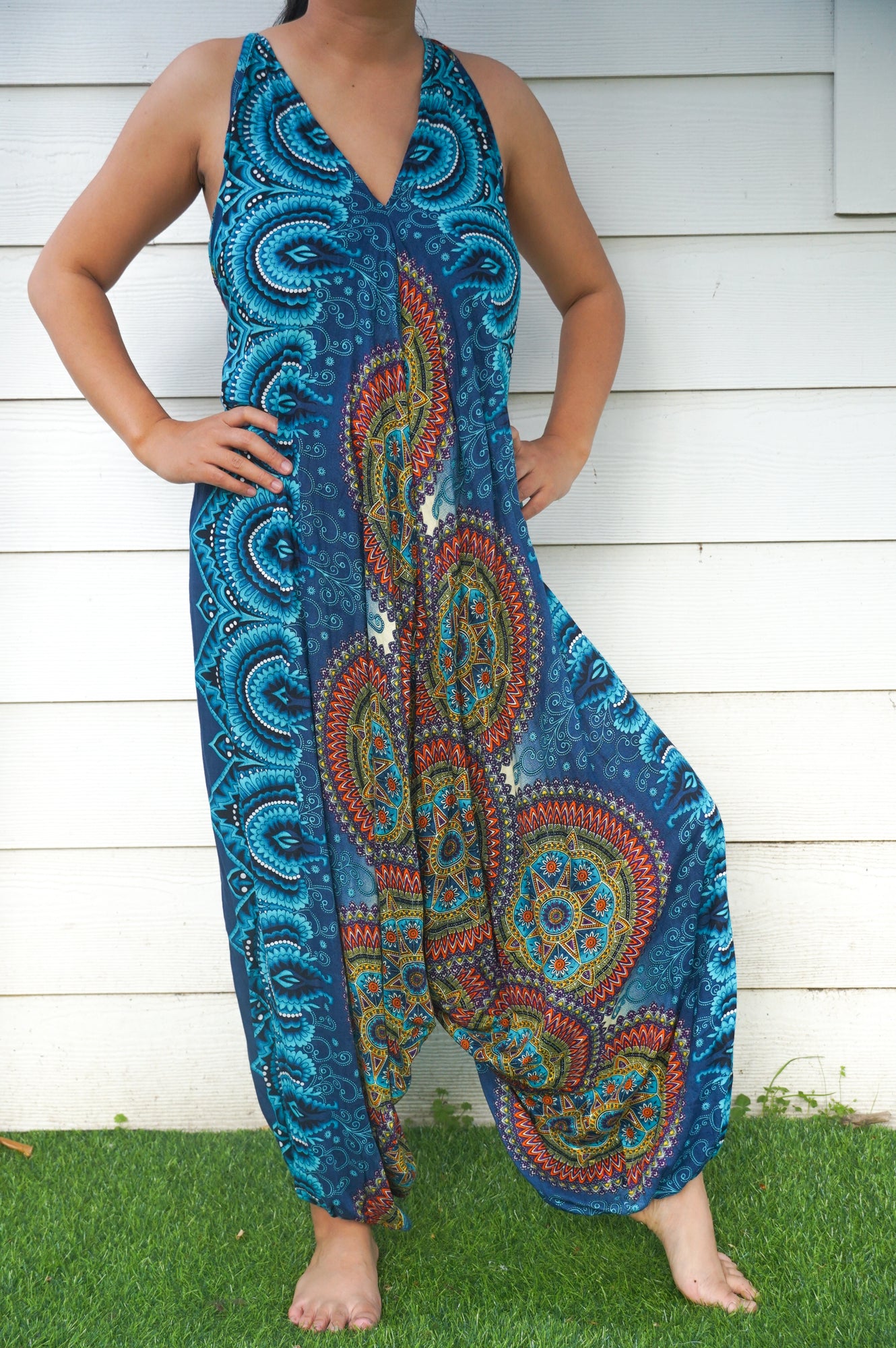 Teal Mandala Boho Hippie Jumpsuit Rompers