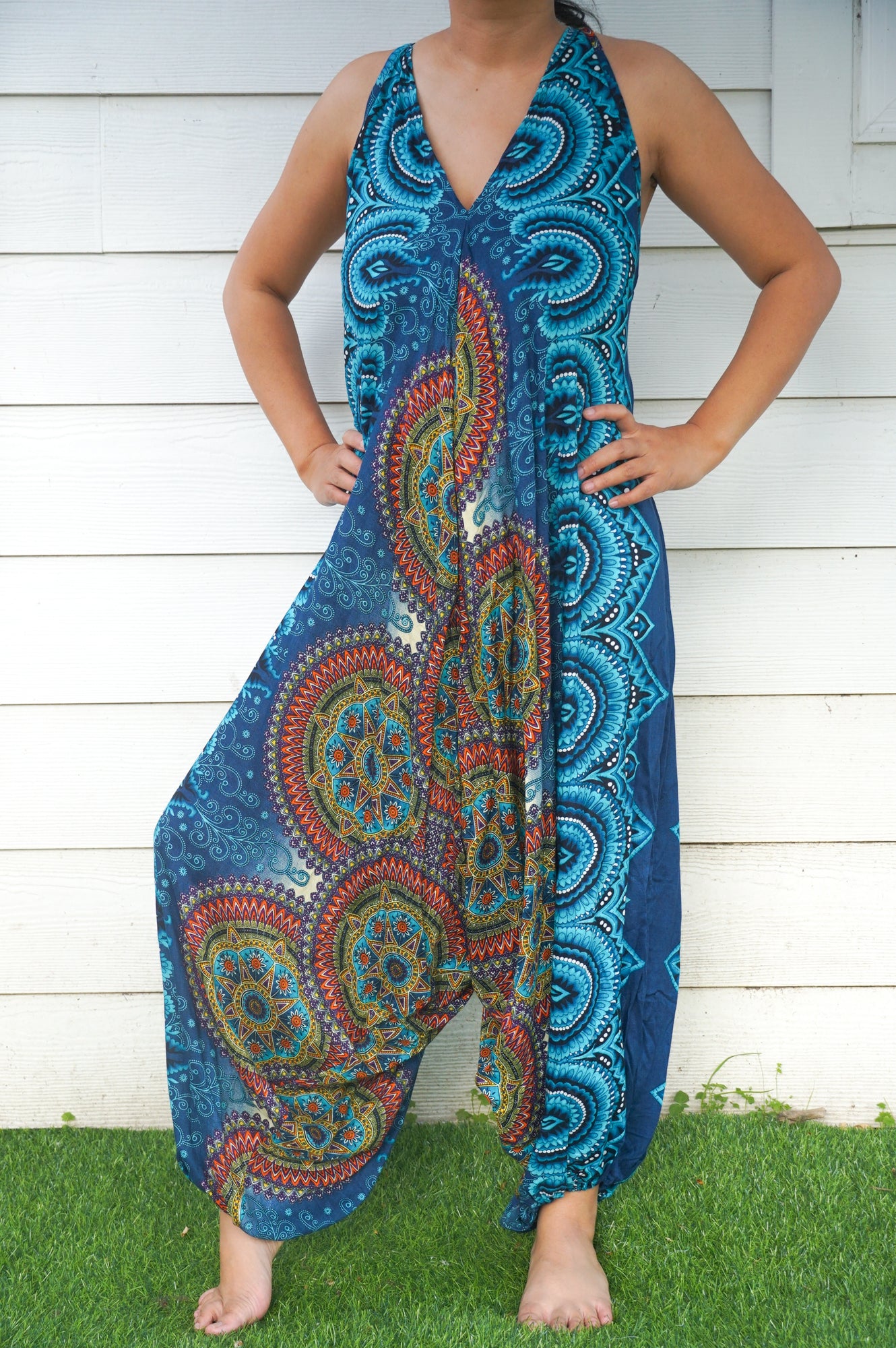 Teal Mandala Boho Hippie Jumpsuit Rompers