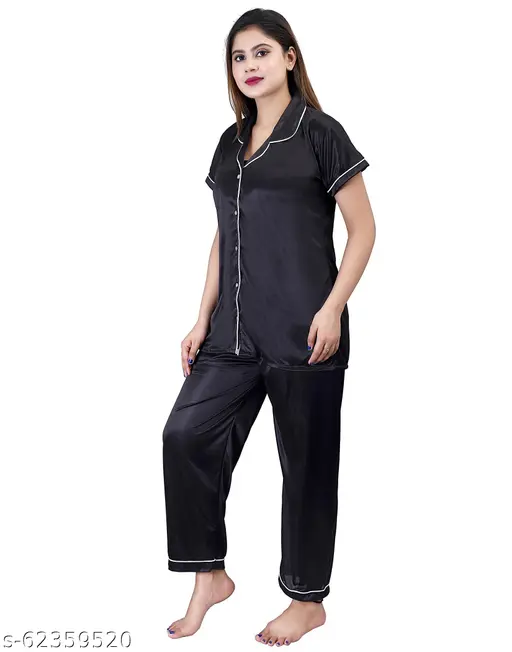 Comfortable Women's Night Suit Black Satin